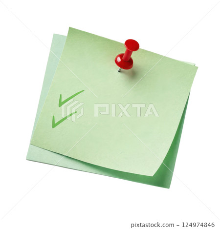 A green sticky note with a red push pin attached used to organize prioritize and communicate information A green sticky note with a red push pin attached used to organize prioritize and communicate information 124974846