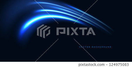 Blue neon curved rays glowing on dark blue background. Speed motion moving concept. 124975083