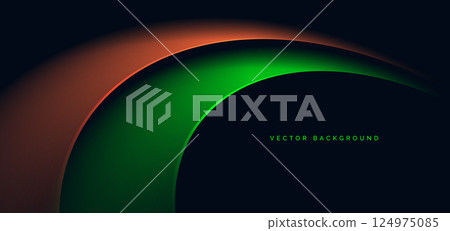 Green and orange curved rays glowing on dark blue background. Speed motion moving concept. Green and orange curved rays glowing on dark blue background. Speed motion moving concept. 124975085