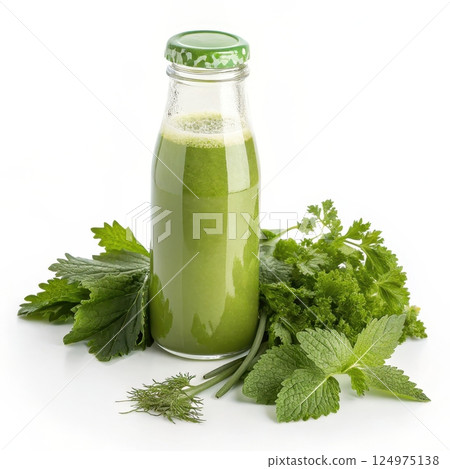 Fresh herbal juice in a glass bottle 124975138