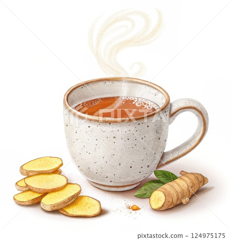 Steaming cup of ginger tea with lemon slices Steaming cup of ginger tea with lemon slices 124975175