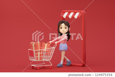 Little girl with shopping theme with cartoon 124975358
