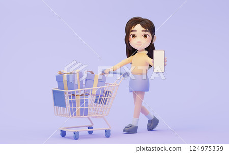 Little girl with shopping theme with cartoon 124975359