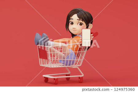 Little girl with shopping theme with cartoon Little girl with shopping theme with cartoon 124975360