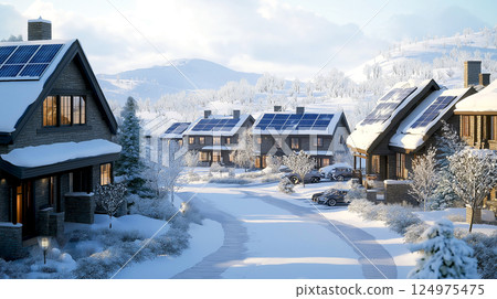 Scenery of houses with solar panels snow on roof during winter season. Street in a residential area neighborhood in Europe. Christmas winter landscape 124975475