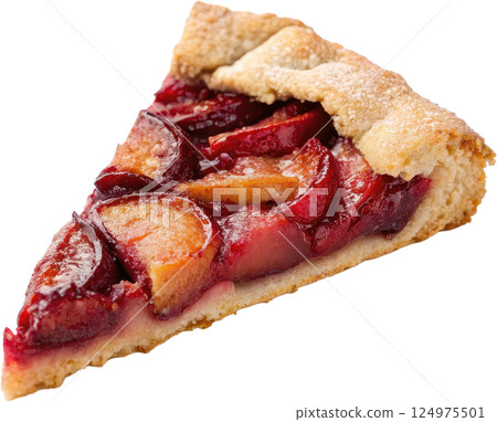 A rustic homemade slice of flaky plum galette featuring sweet and tangy plum filling encased 124975501