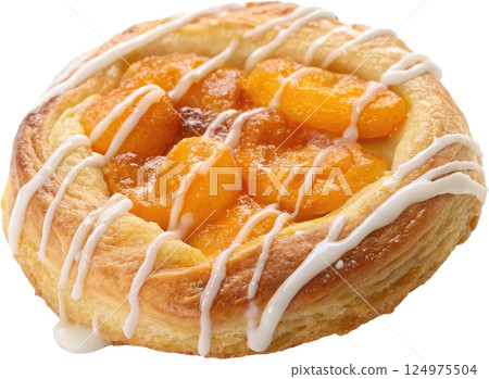 A flaky golden brown pastry filled with sweet juicy apricot preserves and drizzled with a delicate vanilla glaze 124975504