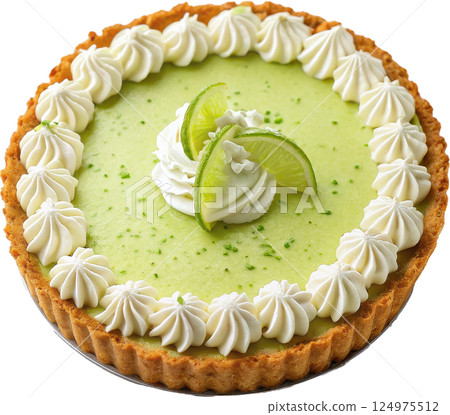 Creamy and refreshing key lime pie with a vibrant green custard filling topped with swirls of fluffy whipped cream and zesty lime slices Creamy and refreshing key lime pie with a vibrant green custard filling topped with swirls of fluffy whipped cream and zesty lime slices 124975512