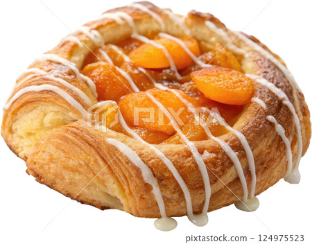 Delectable golden brown apricot Danish pastry with a flaky buttery exterior and a sweet tangy apricot filling drizzled with a delicate glaze 124975523