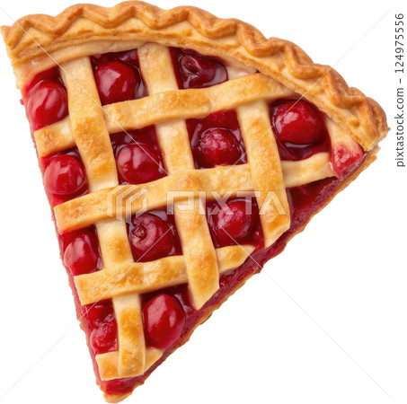 Slice of homemade cherry pie with a lattice crust 124975556