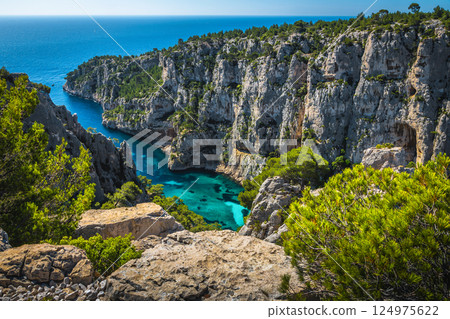 Deep Calanque d en Vau bay view, Cassis, Marseille, France Deep Calanque d en Vau bay view, Cassis, Marseille, France 124975622