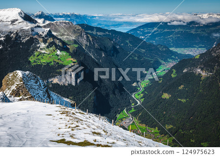 Green fields and snowy slopes near Grindelwald, Switzerland Green fields and snowy slopes near Grindelwald, Switzerland 124975623