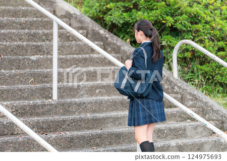 Junior high school and high school girls in uniforms going to school Junior high school and high school girls in uniforms going to school 124975693