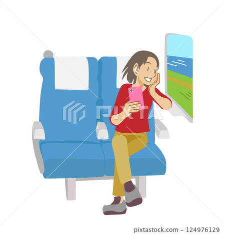 一位女士在新幹線列車座位上欣賞風景 124976129