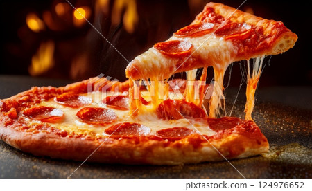 融化的起司義大利辣香腸披薩片 124976652