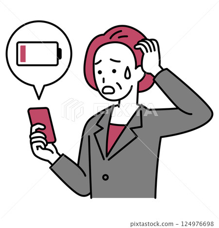 A middle-aged woman in a suit having trouble with her smartphone running out of battery 124976698