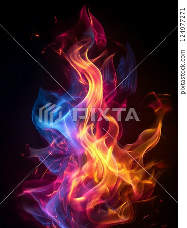 A black background with a rainbow flame burning in the center 124977271