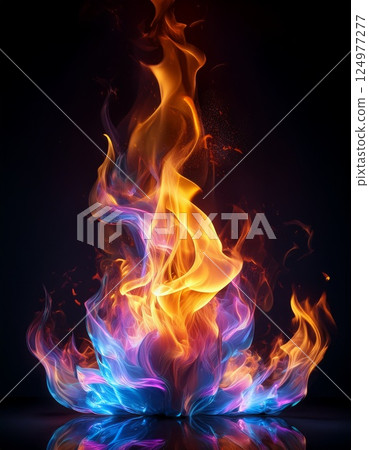A black background with a rainbow flame burning in the center A black background with a rainbow flame burning in the center 124977277