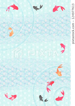 Watercolor background of goldfish swimming in a pond with hemp leaf pattern, vertical Watercolor background of goldfish swimming in a pond with hemp leaf pattern, vertical 124977613
