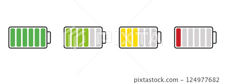 Battery Level Indicators Icon Set. Battery Power Charging Icons Symbol Collection. Isolated Vector Illustration Battery Level Indicators Icon Set. Battery Power Charging Icons Symbol Collection. Isolated Vector Illustration 124977682