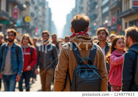 Busy Street Filled With People Enjoying a Sunny Day in an Urban City Center 124977915