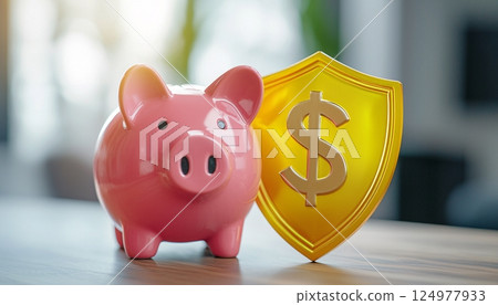 Pink Piggy Bank with Golden Shield Symbolizing Financial Security and Savings for Future Investments 124977933