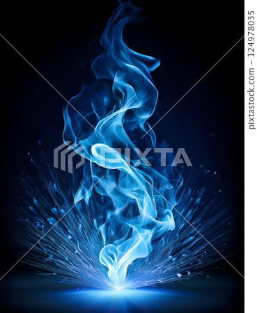 Black background with a blue flame burning in the center 124978035