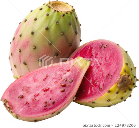 Fresh ripe cactus pear fruit with vivid pink flesh and green spiky exterior 124978206