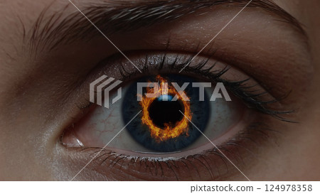 A Captivating Eye with Fiery Detail that Draws You In and Sparks Your Imagination 124978358