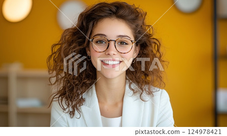 Smiling young woman with curly hair and glasses in bright office setting against yellow wall 124978421