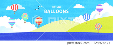 Background illustration of a sky and sea with balloons flying 124978474