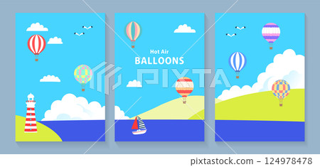 大海和天空與氣球飛行的背景插圖集 1 124978478