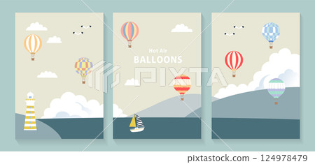 帶有飛行氣球的大海和天空的背景插圖集 2 124978479