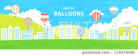 Illustration of a cityscape with balloons flying 124978480