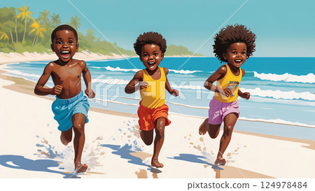 Funny African American Children Run on the Beach.  124978484