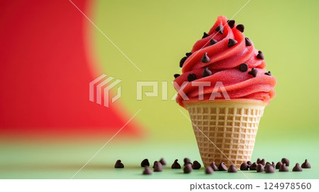 Vibrant Watermelon Sorbet Served in a Crisp Waffle Cone with Festive Sprinkles 124978560
