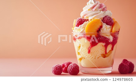Peach Melba Sundae with Luscious Peach Ice Cream and Vibrant Raspberries 124978603