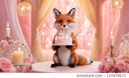 A plush stuffed fox is sitting on a table while holding a birthday cake on it 124978631