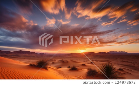 Desert sunset with swirling clouds 124978672