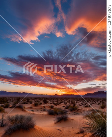 Desert sunset with swirling clouds 124978675