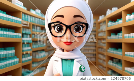 Cheerful Animated Pharmacist Working in a Pharmacy Office, Helping Community with Health Needs 124978706