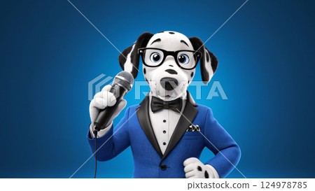 A stylish dalmatian dog wearing a tuxedo is holding a microphone 124978785