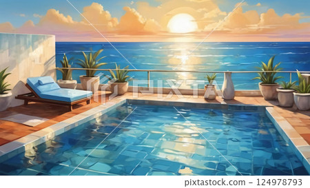 A beautiful pool on a balcony overlooks the stunning ocean sunset A beautiful pool on a balcony overlooks the stunning ocean sunset 124978793