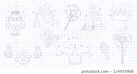 Magic wands and elements doodle set. Fairytale element in sketch style. Hand drawn vector illustration isolated on white background 124978906
