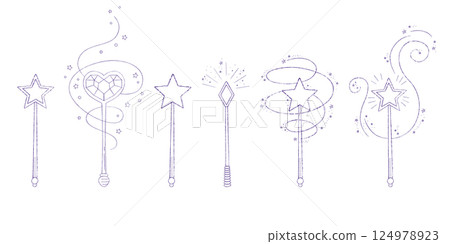 Magic wands doodle set. Fairytale element in sketch style. Hand drawn vector illustration isolated on white background 124978923