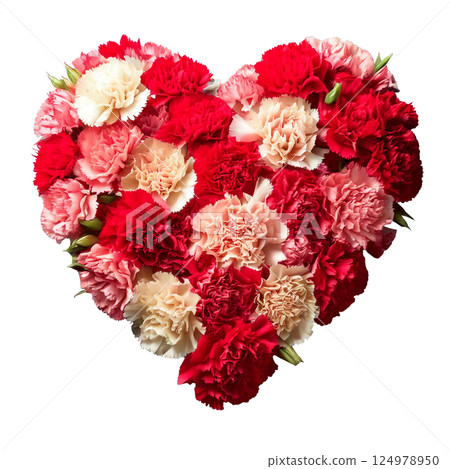 Mother's Day carnations, heart-shaped bouquet, overhead view 124978950