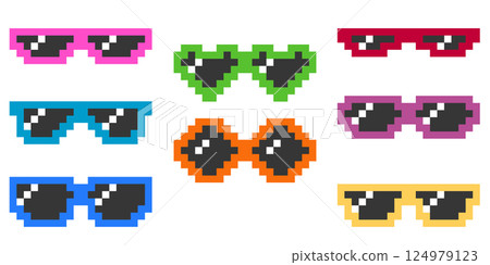 Bright collection of pixel 8 bit stylized sunglasses. 124979123