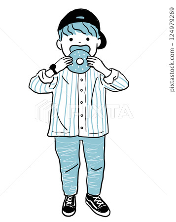 男孩咬著甜甜圈 - 藍色 124979269