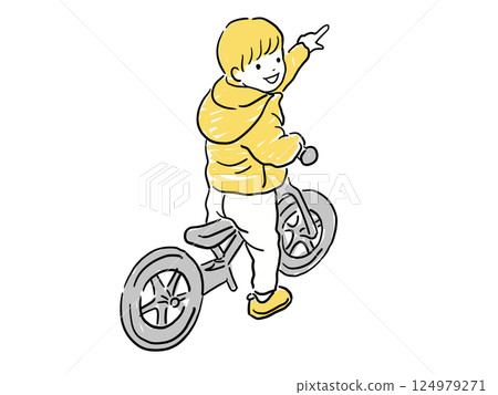 Boy pointing on bicycle Yellow 124979271
