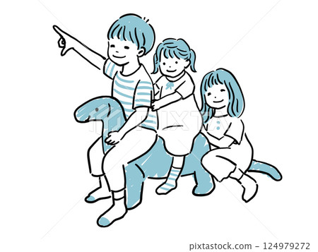 孩子們在恐龍身上玩耍，藍色 124979272